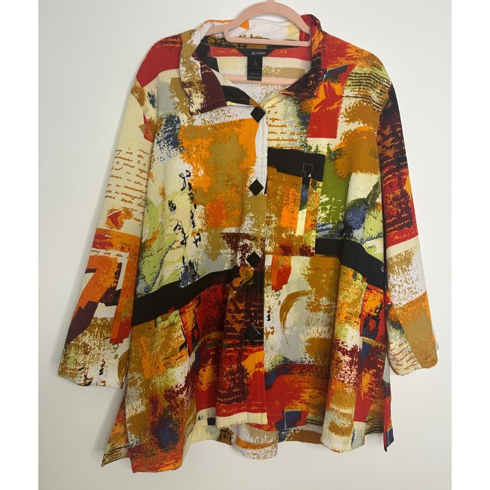 Ali Miles Vibrant Wearable Art to Wear Blouse Button Artsy Wired Collar Top XL - Picture 12 of 12